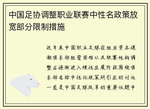中国足协调整职业联赛中性名政策放宽部分限制措施 中国足协调整职业联赛中性名政策放宽部分限制措施